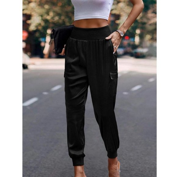 Luxe Look Satin Pocketed High Waist Joggers - Black - Picture 11 of 12